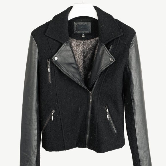 Line the Label Black Boiled Wool & Leather Moto Jacket - Picture 1 of 10